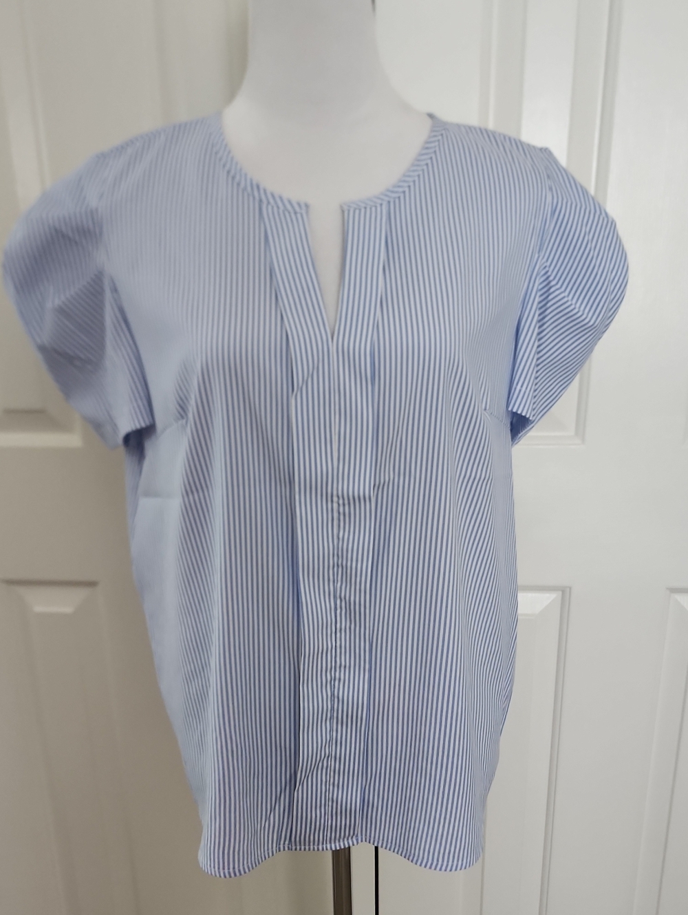 SHEIN Blue & White Pinstripe Split-Neck Cap Sleeve Blouse